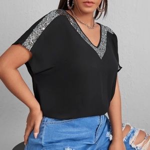 Plus size sequins detail v neck top